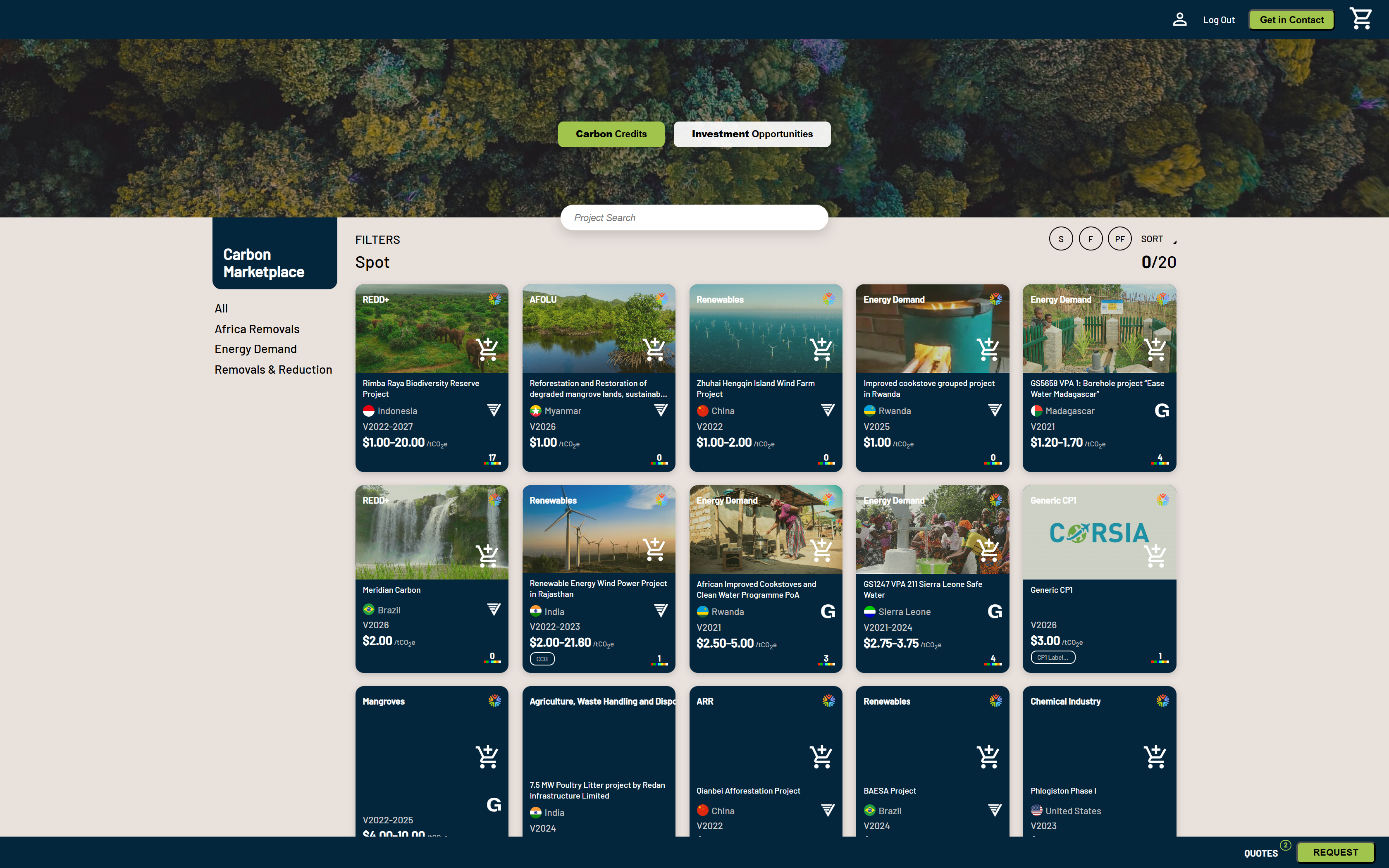 A white-label Carbon Marketplace storefront: a branded e-commerce site of carbon credits with category filters, Spot and Investment tabs and project cards.
