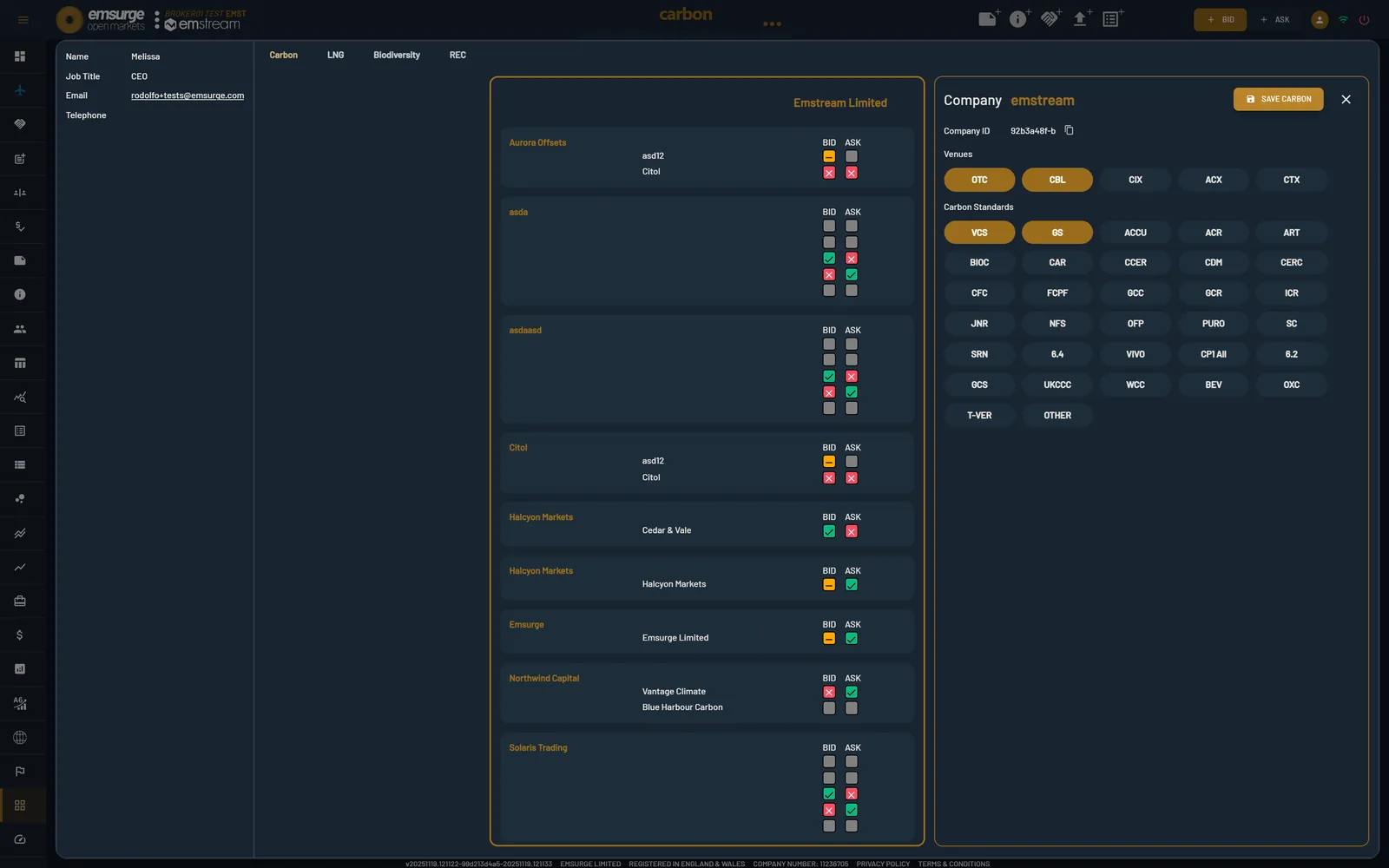The EOM Counterparty Risk Matrix: a grid of which counterparties you will bid and ask with, per carbon standard and Venue, toggled at a glance.