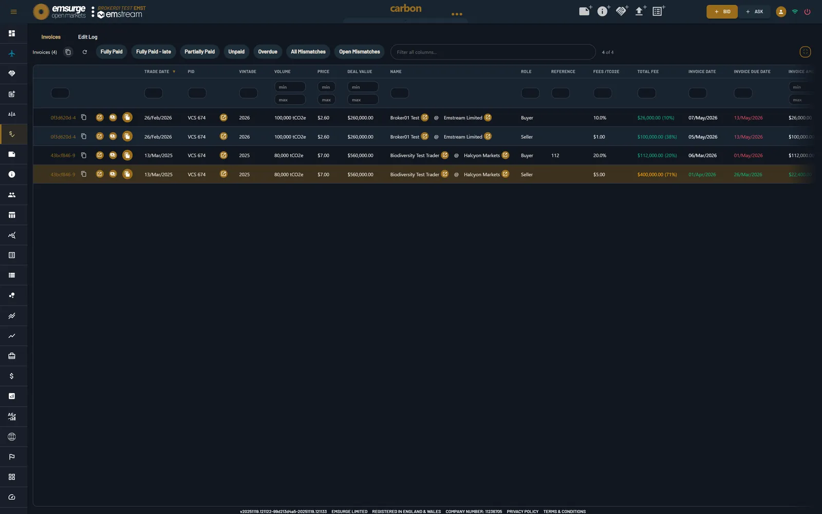 The EOM Invoices screen: fees and invoices tracked per transaction, with status (fully paid, part-paid, overdue) and total fees.