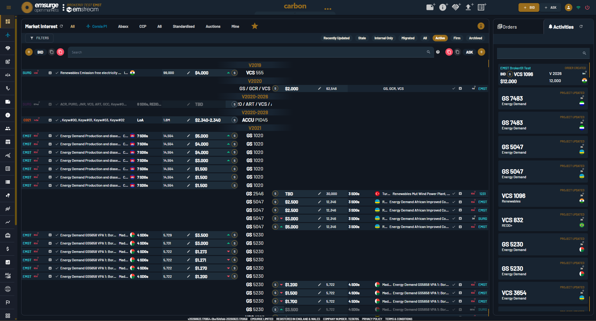 EOM's Market Interest dashboard: a live grid of carbon bids and asks grouped by standard and vintage, with a running order-activity feed and counterparty-risk colouring.