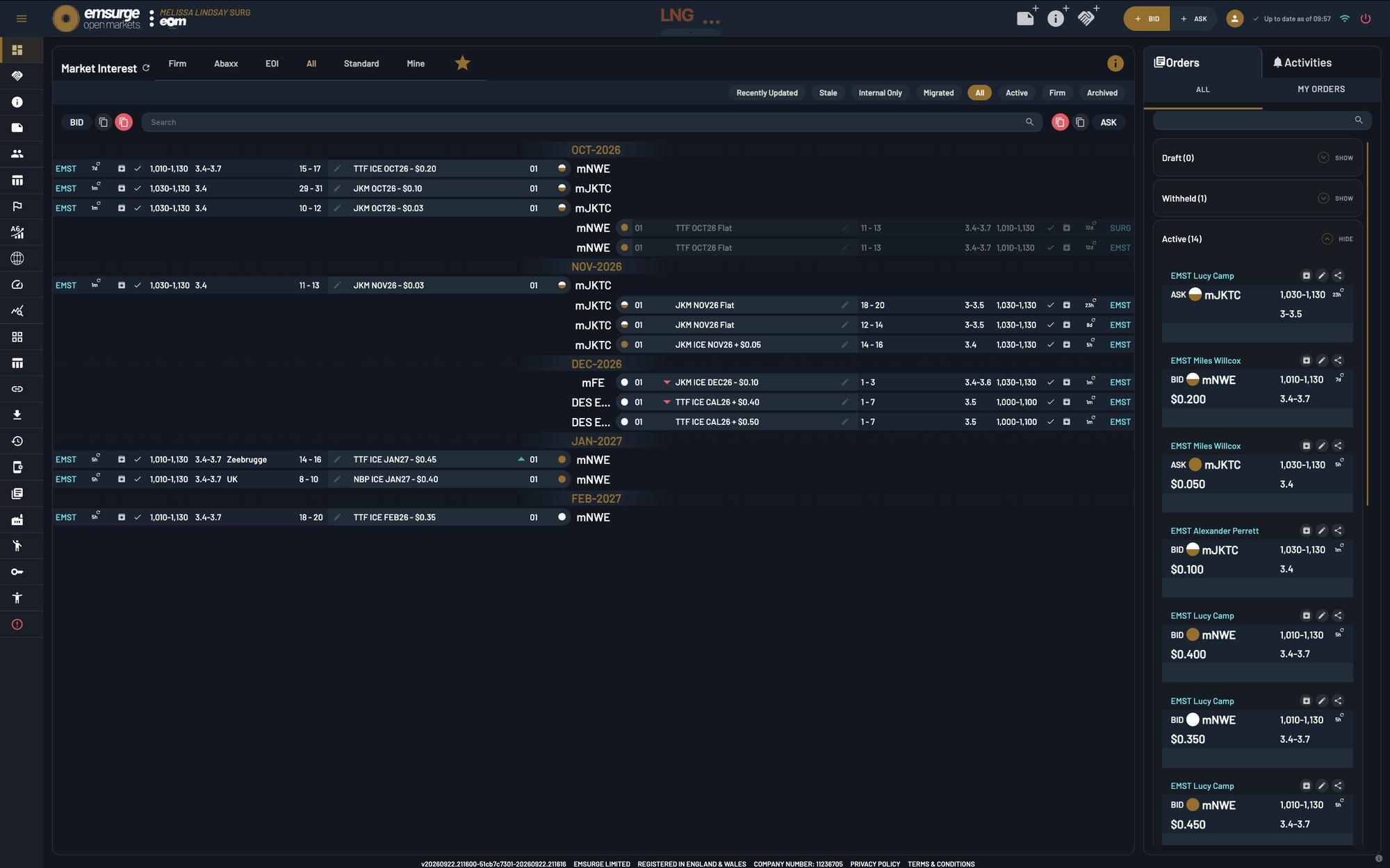 The EOM Market Interest dashboard for LNG: firm and indicative bids and offers grouped by delivery month, with an orders feed on the right.